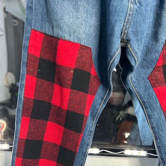 [NWOT] MNML Mens Medium Blue Red Plaid Patchwork Denim Jeans Size 36 - Picture 8 of 10